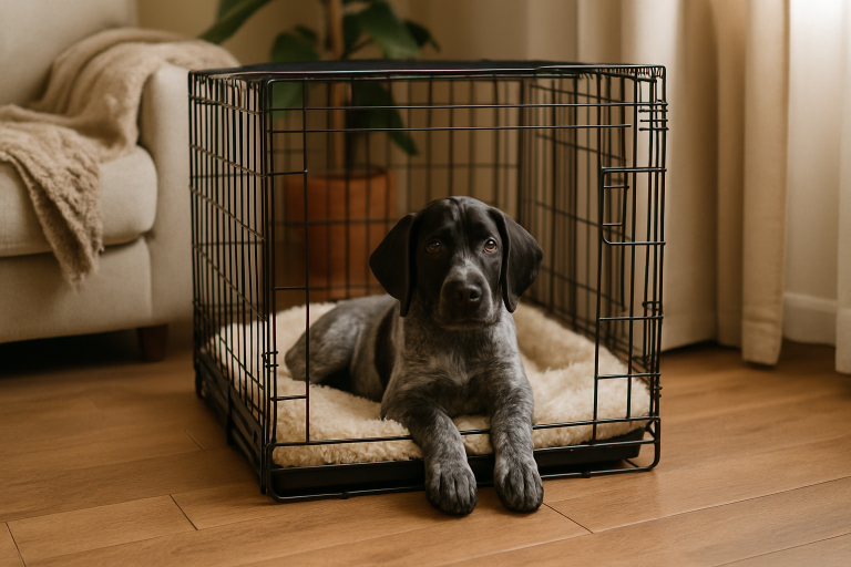 young black and white german shorthaired pointer dog relaxing in a crate