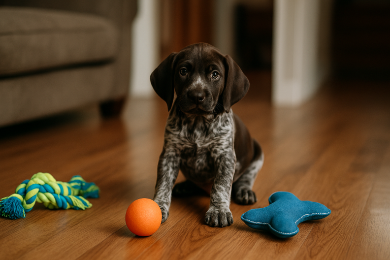 young german shorthaired pointer puppy with toys