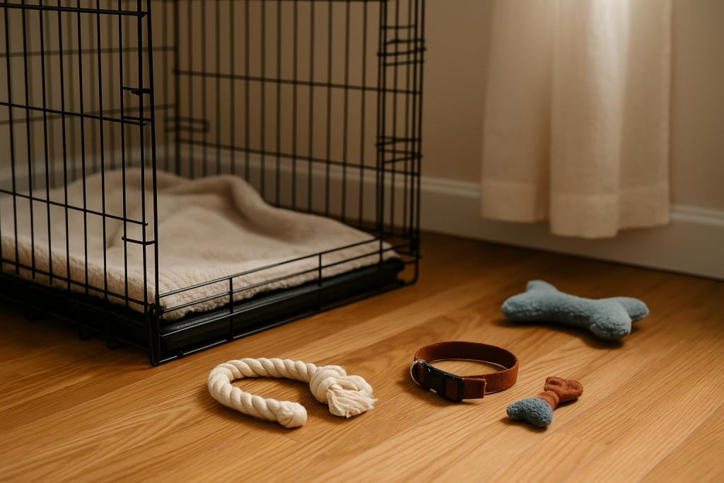 open crate with puppy toys and leash