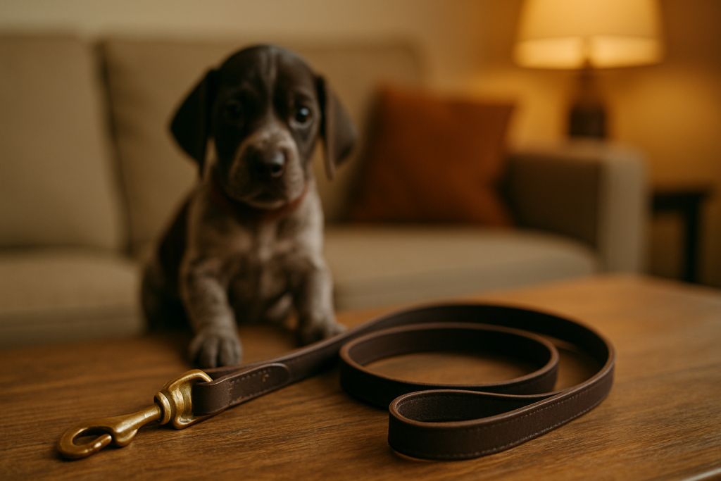 Young German Shorthaired Pointer puppy with leash