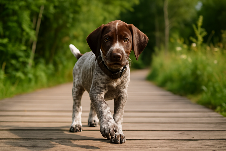 bright and energetic german shorthaired pointer puppy walking on planked wood surface