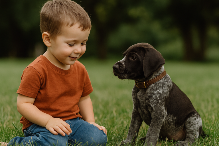 Young toddler boy with german shorthaired pointer puppy